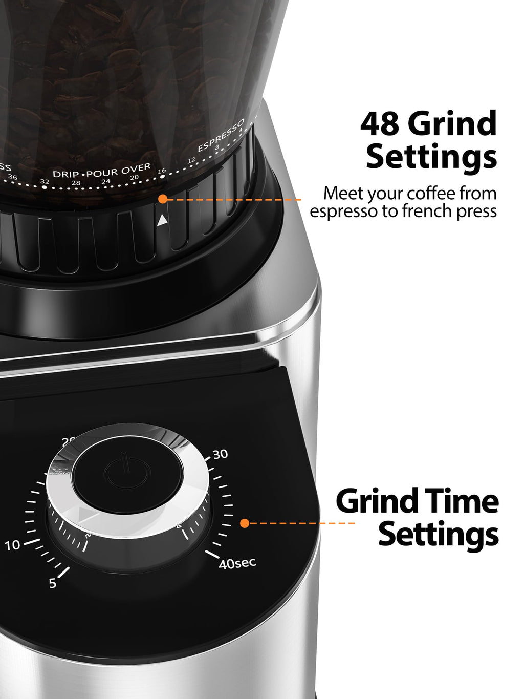 Conical Coffee Bean Grinder, 48 Settings, Anti-Static K312