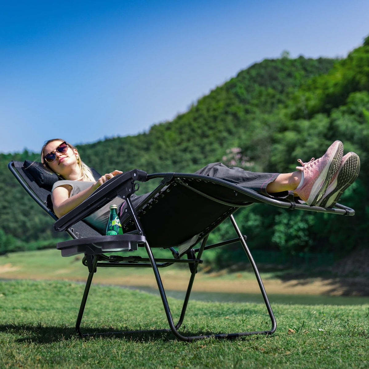 Black Adjustable Steel Mesh Zero Gravity Lounge Chair with Pillow and Cup Holder W676868