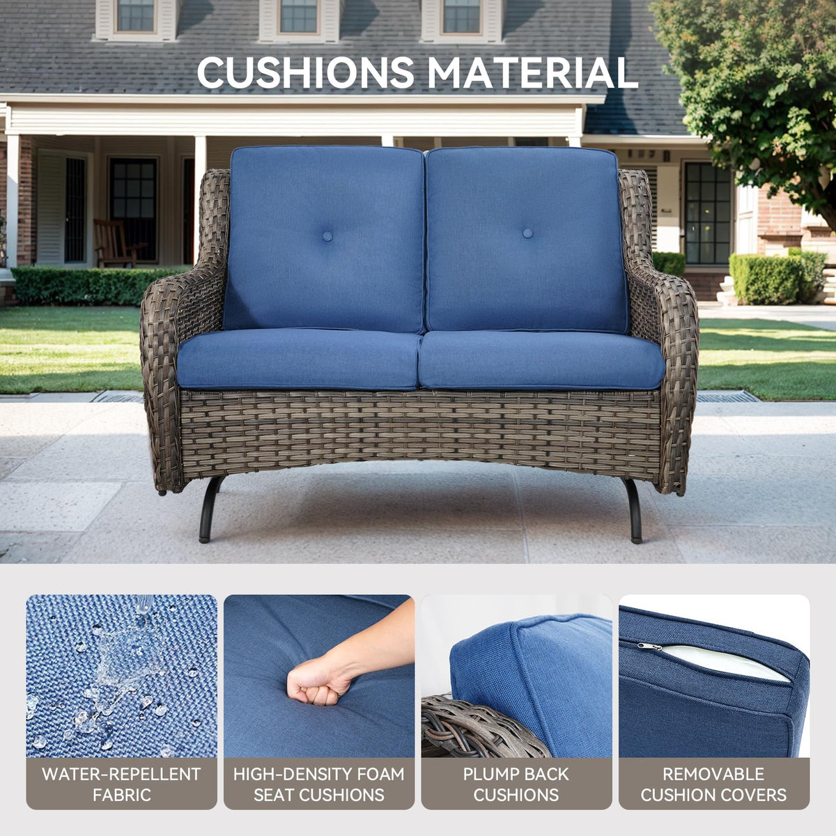Grey Wicker Rattan Loveseat Glider with Blue Cushions Z58430
