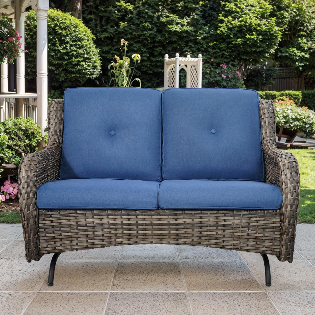 Grey Wicker Rattan Loveseat Glider with Blue Cushions Z58430