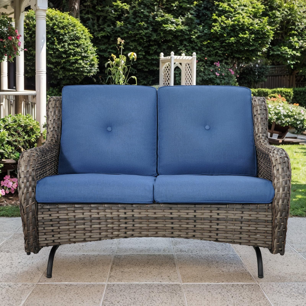 Grey Wicker Rattan Loveseat Glider with Blue Cushions Z58430