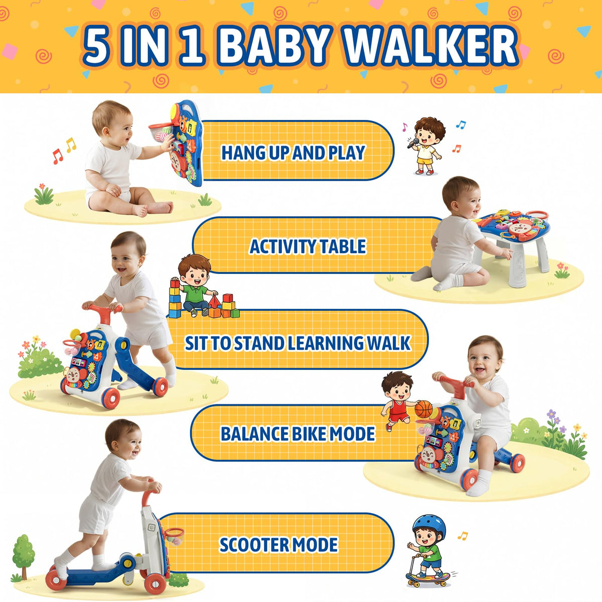 Blue 5 in 1 Baby Push Walker I701684