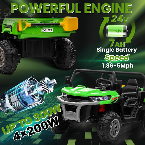 24V 4WD Ride on Truck Car with Dump Bed, 2 Seaters, Remote Control, Green W1992