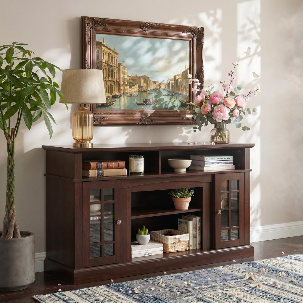 Espresso TV Stand with Glass Door and Open Shelves N8888
