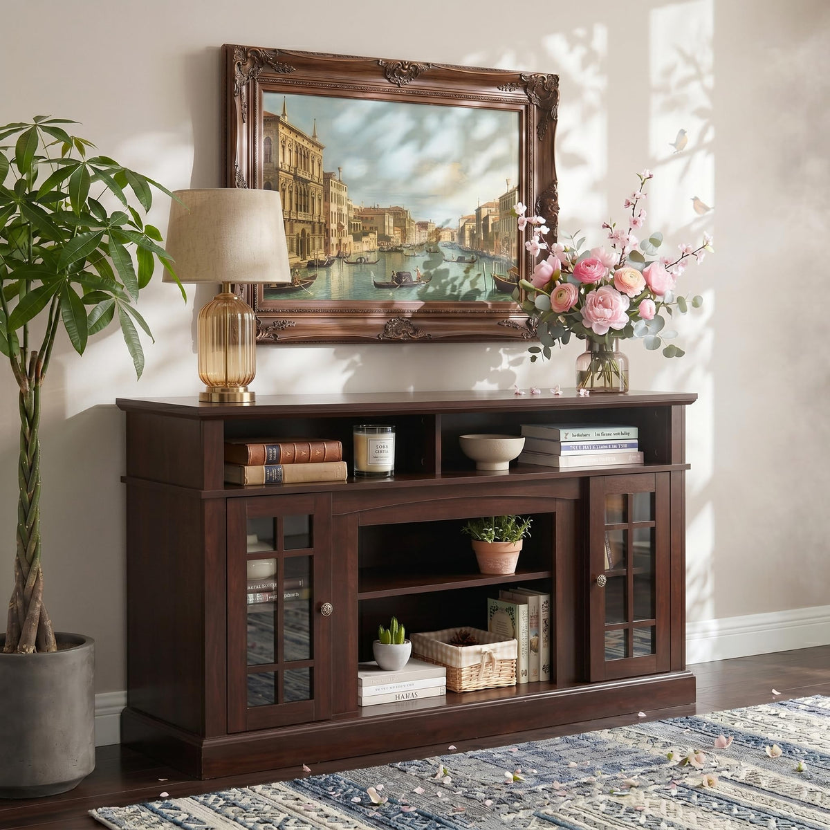 Espresso TV Stand with Glass Door and Open Shelves N8888