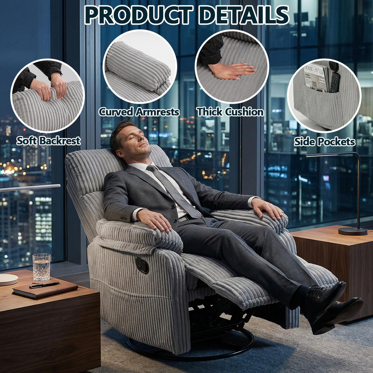 360° Swivel Rocking Corduroy Recliner F9234