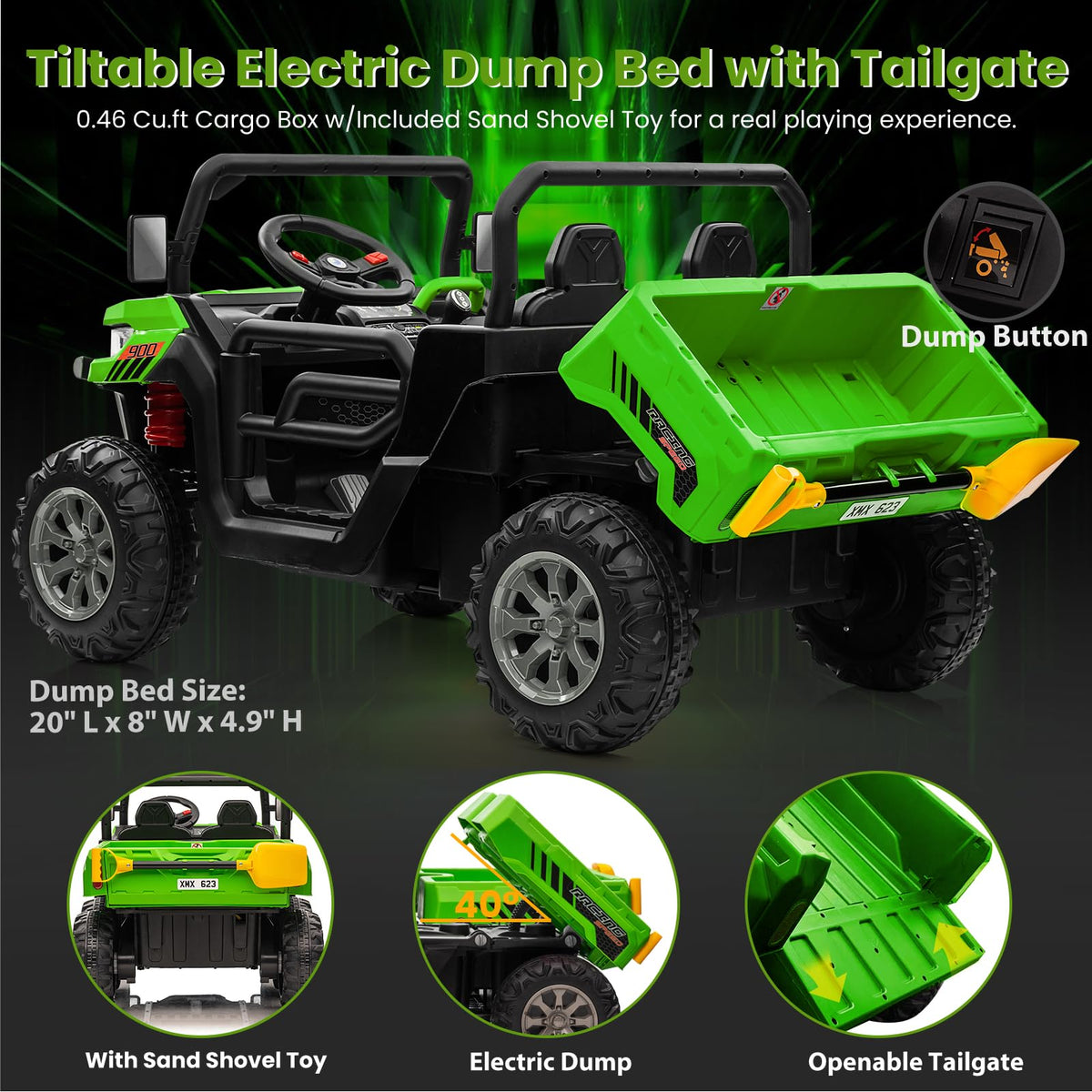 24V 4WD Ride on Truck Car with Dump Bed, 2 Seaters, Remote Control, Green W1992