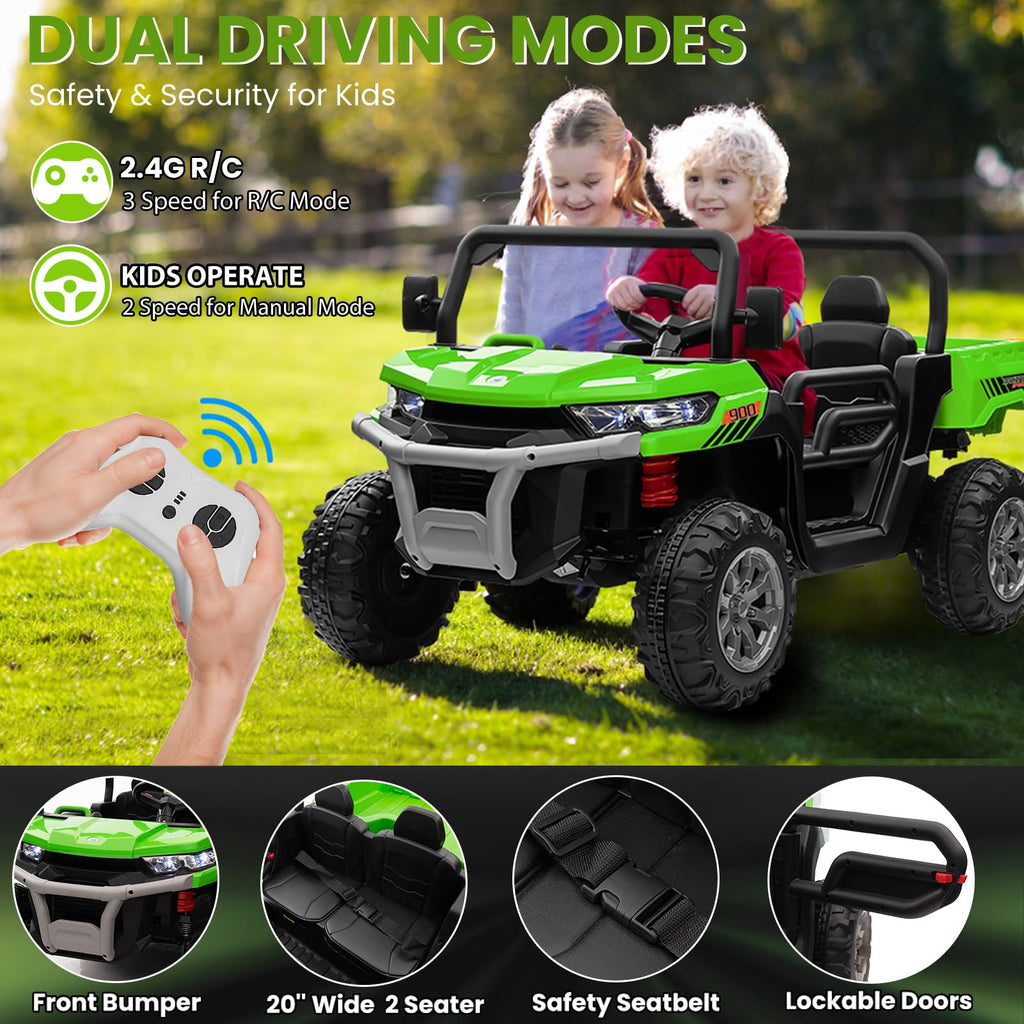 24V 4WD Ride on Truck Car with Dump Bed, 2 Seaters, Remote Control, Green W1992