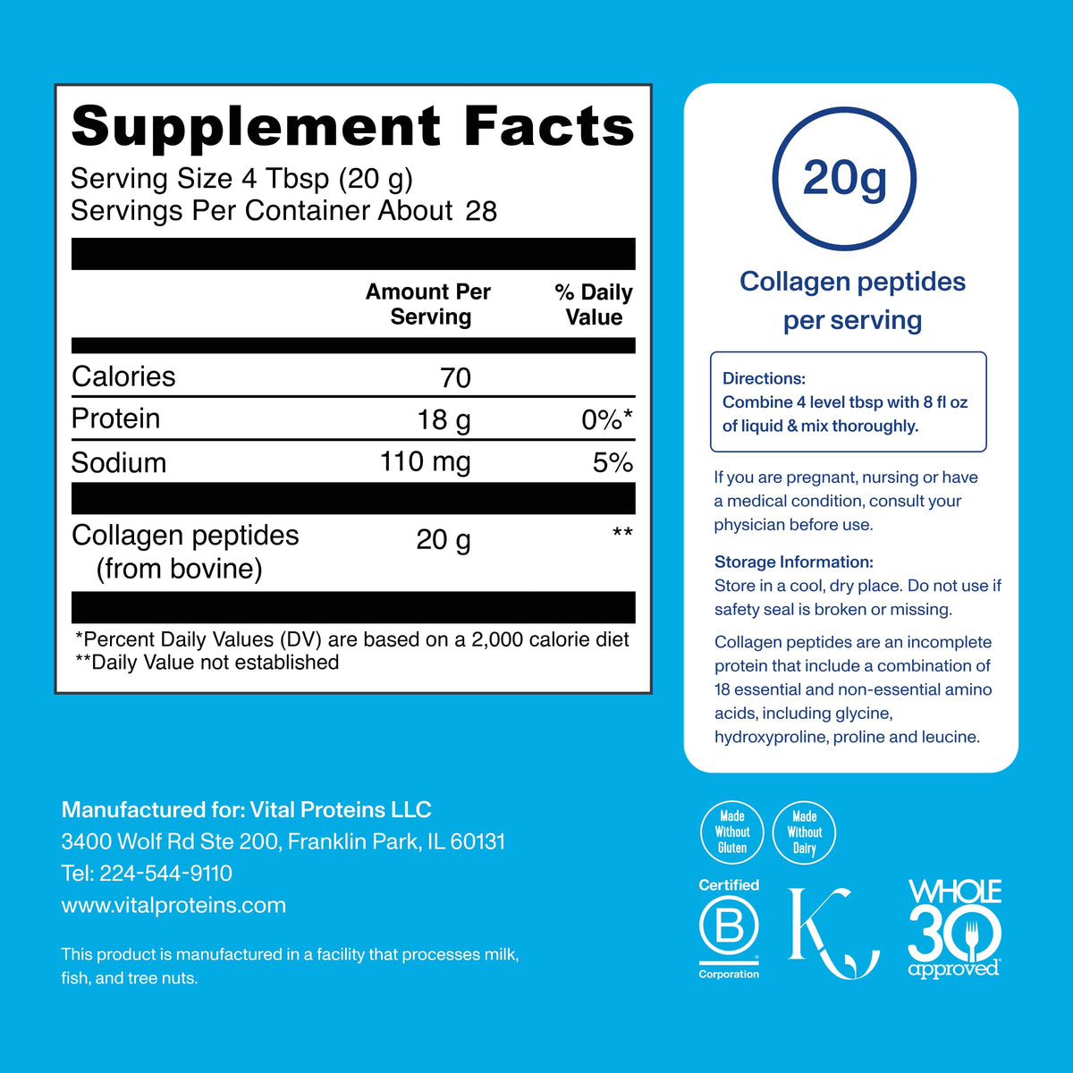 Grass Fed Collagen Peptides Powder, Unflavored, 20oz L7220