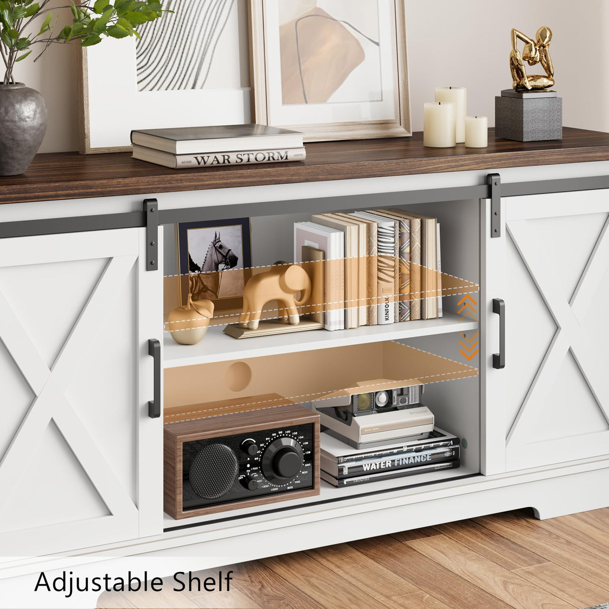 White Farmhouse TV Stand with Sliding Barn Doors and Adjustable Shelf C792498