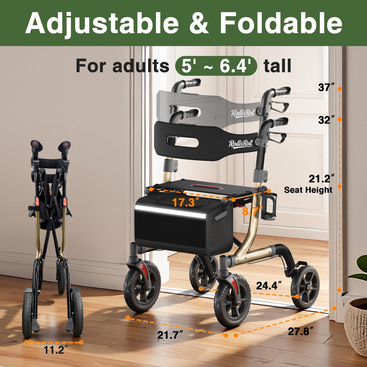 Foldable Aluminum Rollator Walker with Seat and 10" Wheels O838