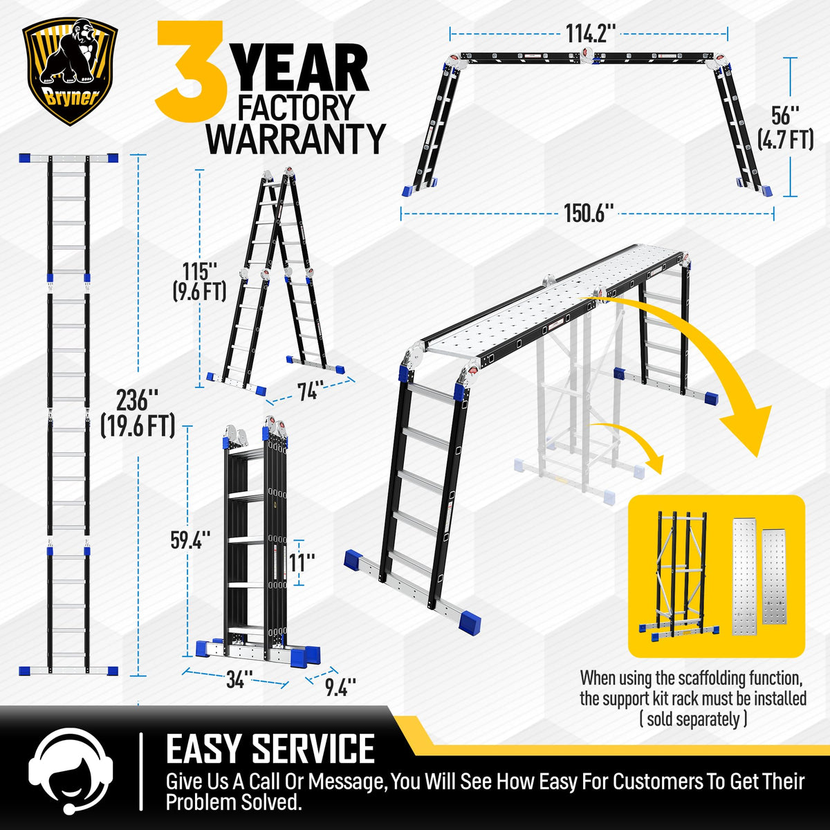 Aluminium 7 in 1 Extension Ladder 19.6Ft 330lbs P92659