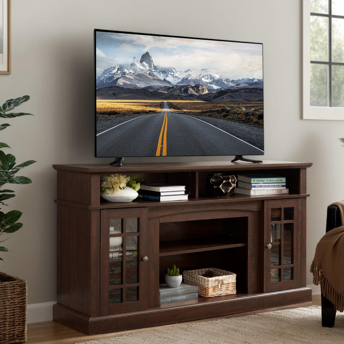 Espresso TV Stand with Glass Door and Open Shelves N8888