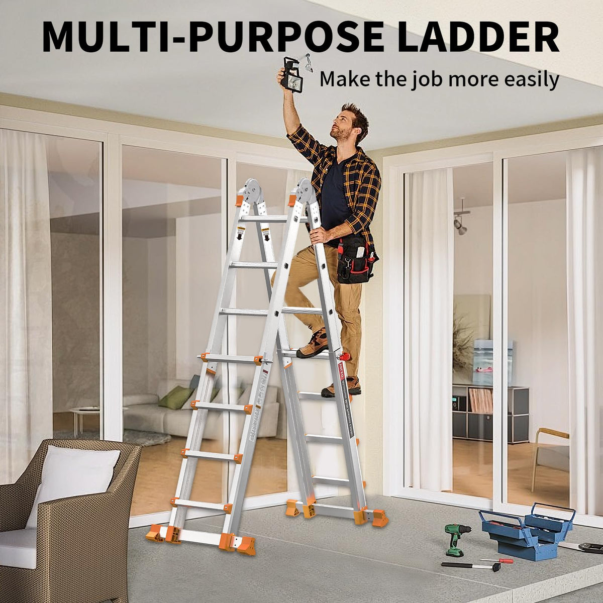 11FT Multi Position Aluminum Folding Ladder with Tool Tray V57317