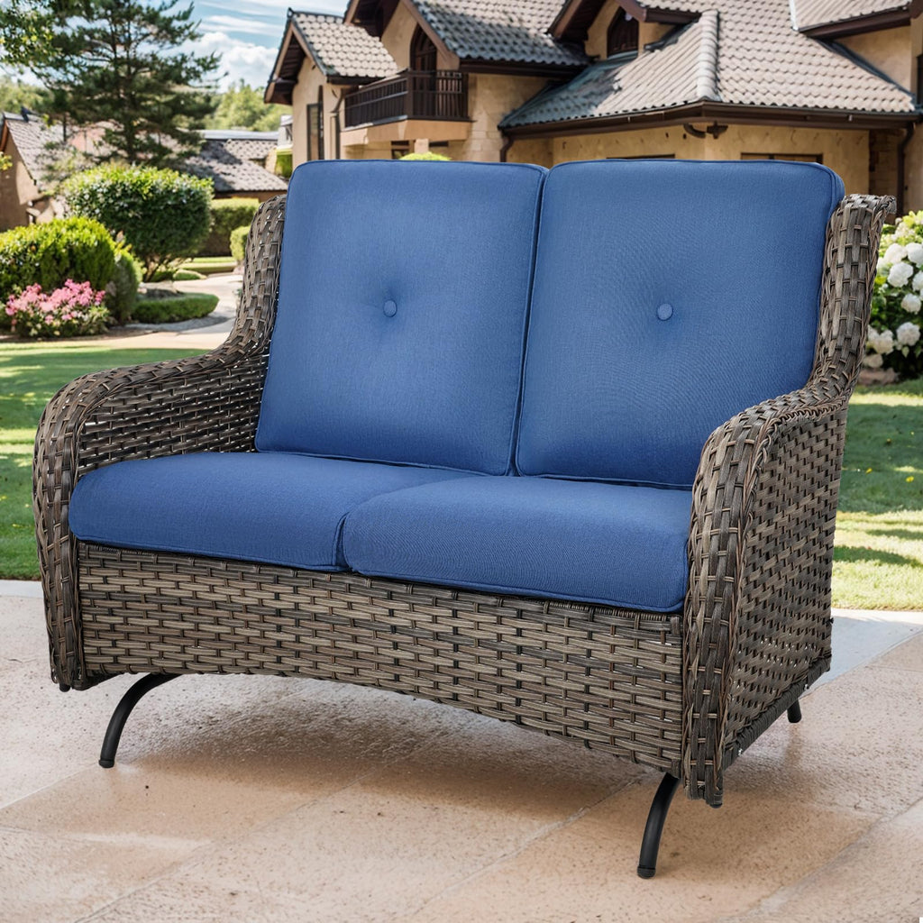 Grey Wicker Rattan Loveseat Glider with Blue Cushions Z58430