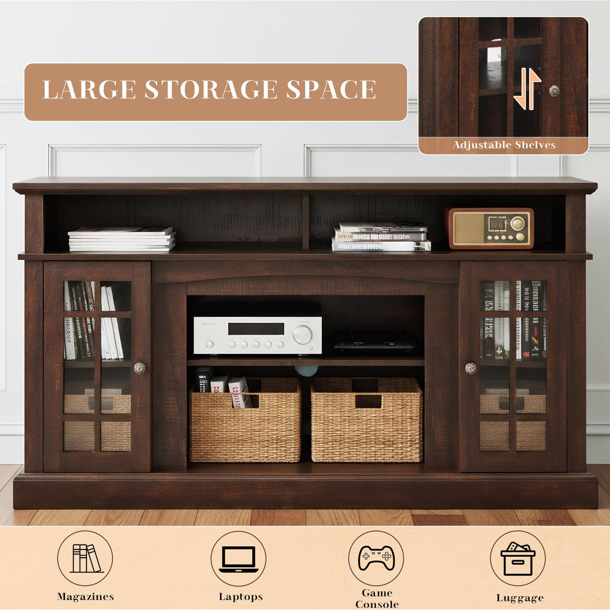 Espresso TV Stand with Glass Door and Open Shelves N8888