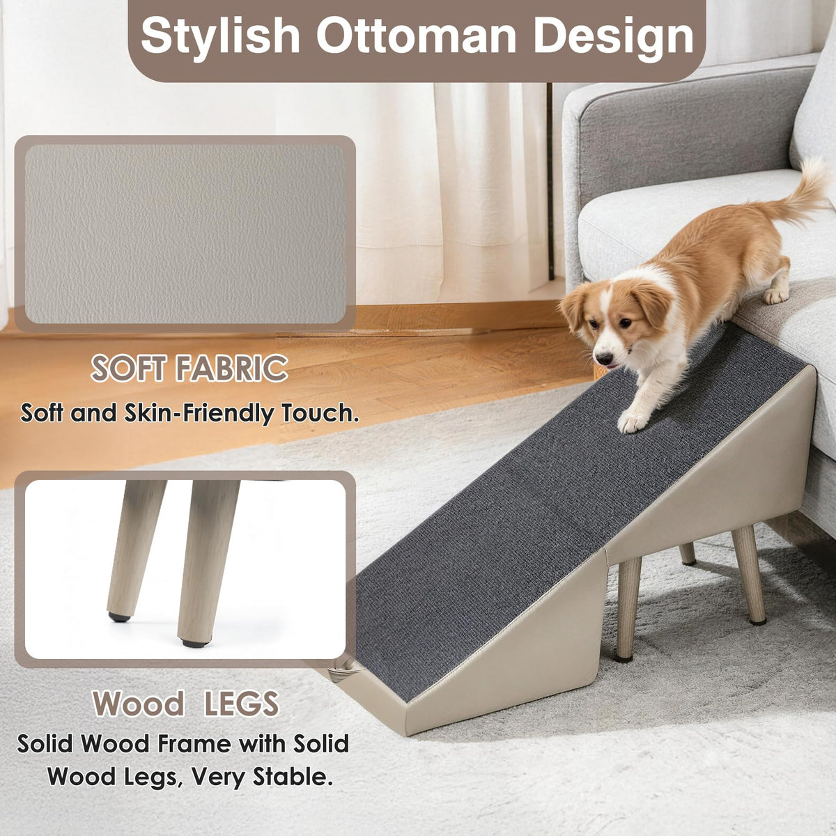 Foldable Non-Slip Wooden Dog Ramp Ottoman C442
