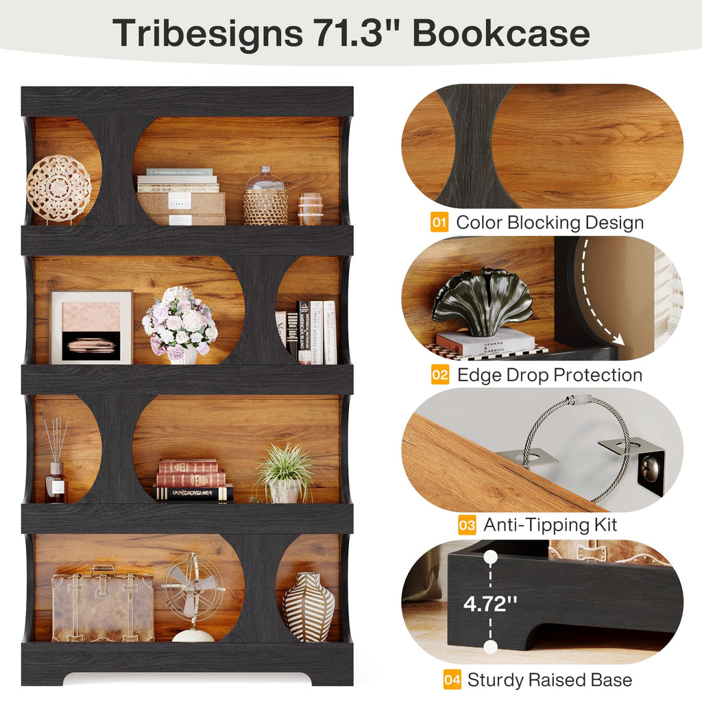 71" Tall 4-Tier S-Shaped Wood Bookcase U3685
