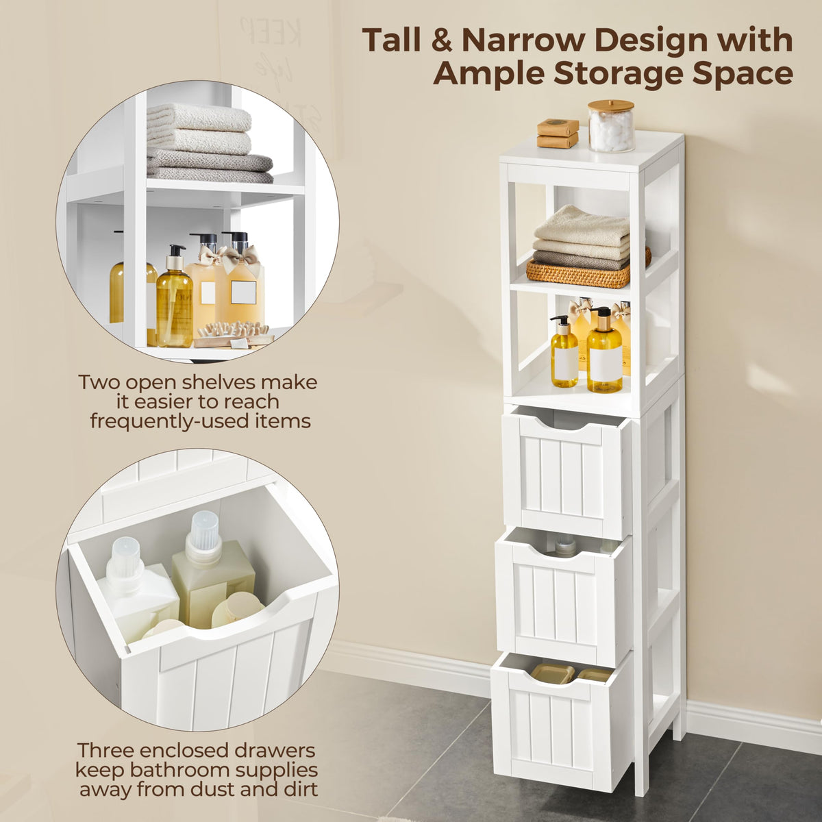 56" Tall Narrow White Bathroom Storage Cabinet with 3 Drawers D70302