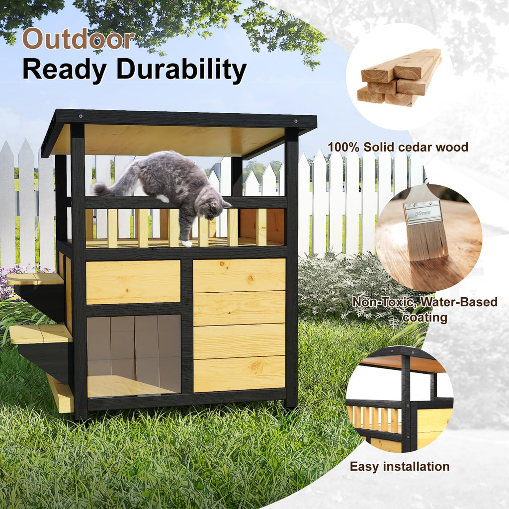 Weatherproof Two Story Outdoor Cat House with Escape Door Z100382