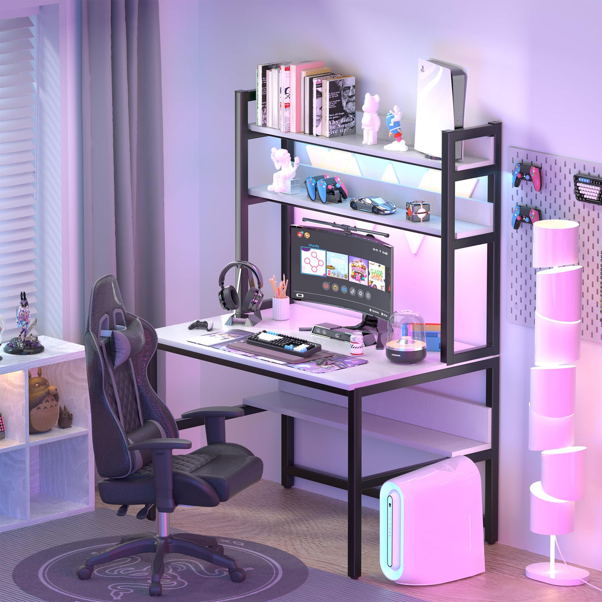 White Computer Desk with Hutch and Shelves H732