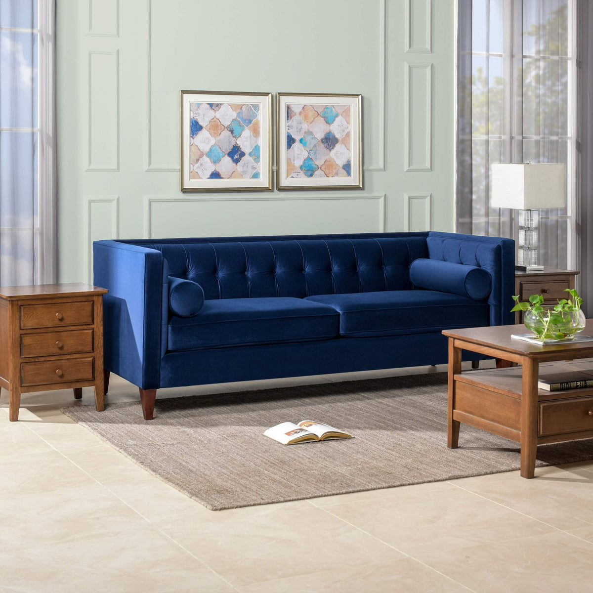 84" Navy Blue Velvet Tufted Sofa I394488