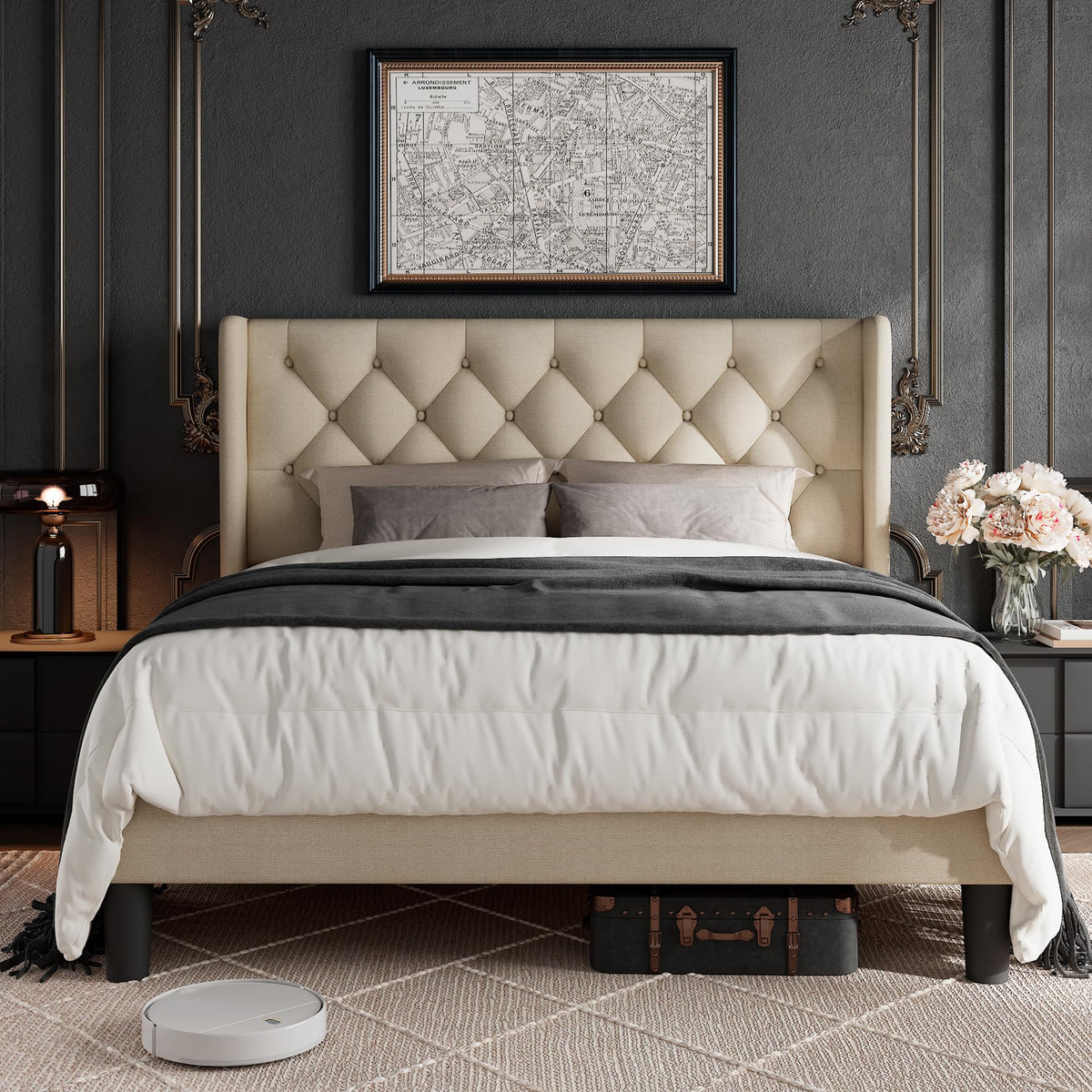 Queen Size Beige Upholstered Platform Bed Frame G229974