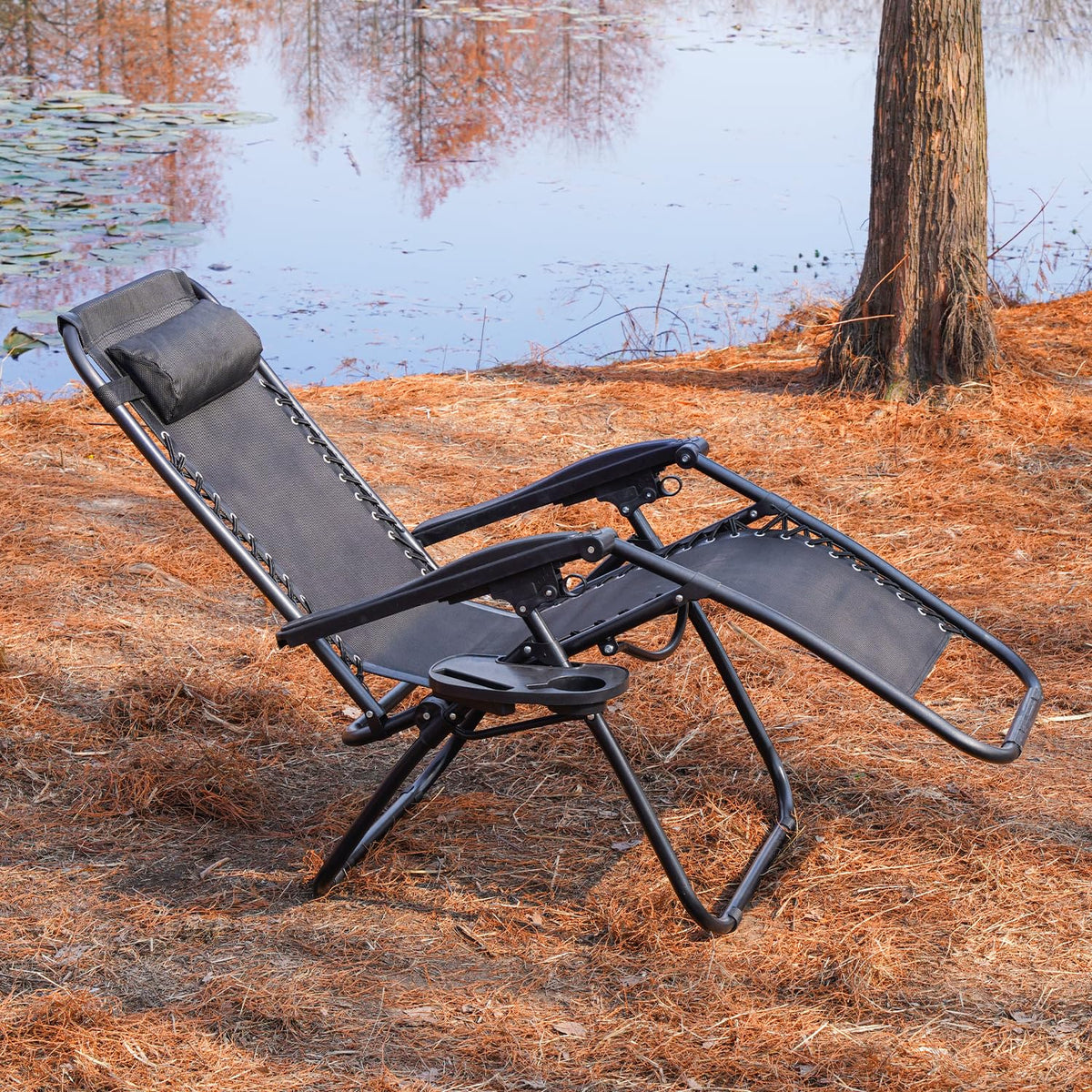 Black Adjustable Steel Mesh Zero Gravity Lounge Chair with Pillow and Cup Holder W676868
