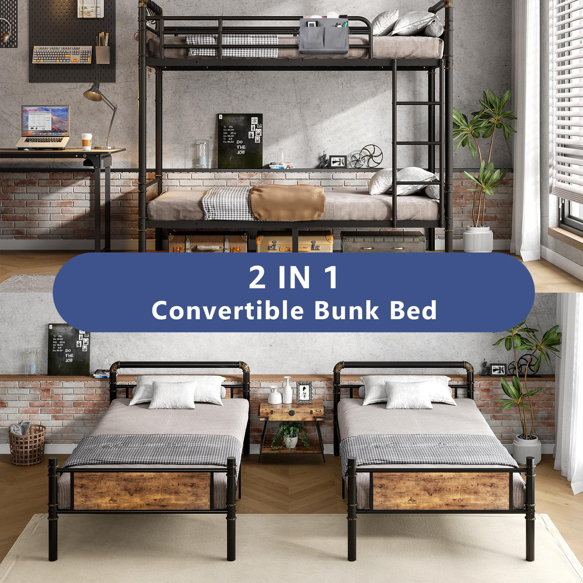 Twin Over Twin Metal Bunk Bed with Safety Guard Rails G882