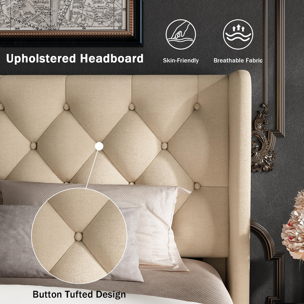 Queen Size Beige Upholstered Platform Bed Frame G229974